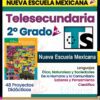 Portada de un libro de texto mexicano para telesecundaria de segundo grado. Abarca temas como ética, naturaleza, sociedad y ciencias. Incluye gráficos y logotipos coloridos para Microsoft Word, Editorial MD y la Secretaría de Educación Pública.
