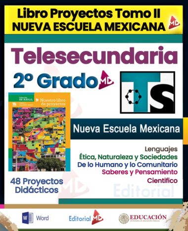 Portada de un libro de texto mexicano para telesecundaria de segundo grado. Abarca temas como ética, naturaleza, sociedad y ciencias. Incluye gráficos y logotipos coloridos para Microsoft Word, Editorial MD y la Secretaría de Educación Pública.