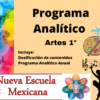 Colorido cartel para el "Programa Analítico Artes 1°" con iconos de arte, música y danza, una paleta de pintura y el logotipo de la Nueva Escuela Mexicana de la SEP. Incluye texto sobre planeación de contenidos y programa anual.