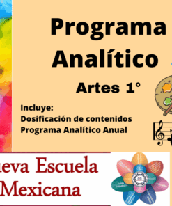 Colorido cartel para el "Programa Analítico Artes 1°" con iconos de arte, música y danza, una paleta de pintura y el logotipo de la Nueva Escuela Mexicana de la SEP. Incluye texto sobre planeación de contenidos y programa anual.
