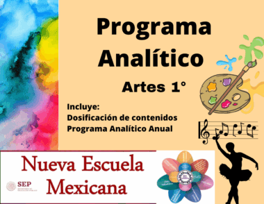 Colorido cartel para el "Programa Analítico Artes 1°" con iconos de arte, música y danza, una paleta de pintura y el logotipo de la Nueva Escuela Mexicana de la SEP. Incluye texto sobre planeación de contenidos y programa anual.