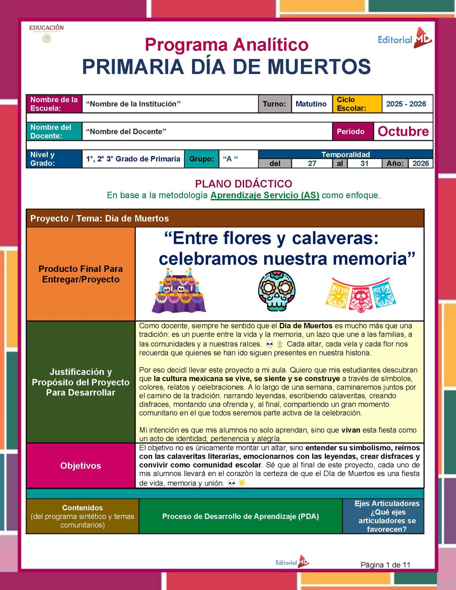 Planeación Proyecto Escolar: “Día de Muertos" 1°, 2° y 3° Grado Primaria NEM 2025 - 2026 2 Una captura de pantalla de una página web.