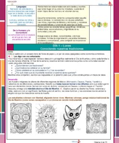 Planeación Proyecto Escolar: “Día de Muertos" 1°, 2° y 3° Grado Primaria NEM 2025 - 2026 9 Una colorida hoja de trabajo educativa en español para estudiantes de primaria, con texto sobre tradiciones, experiencias escolares y leyendas mexicanas, con actividades y dos dibujos de calaveras decoradas para colorear en la parte inferior.