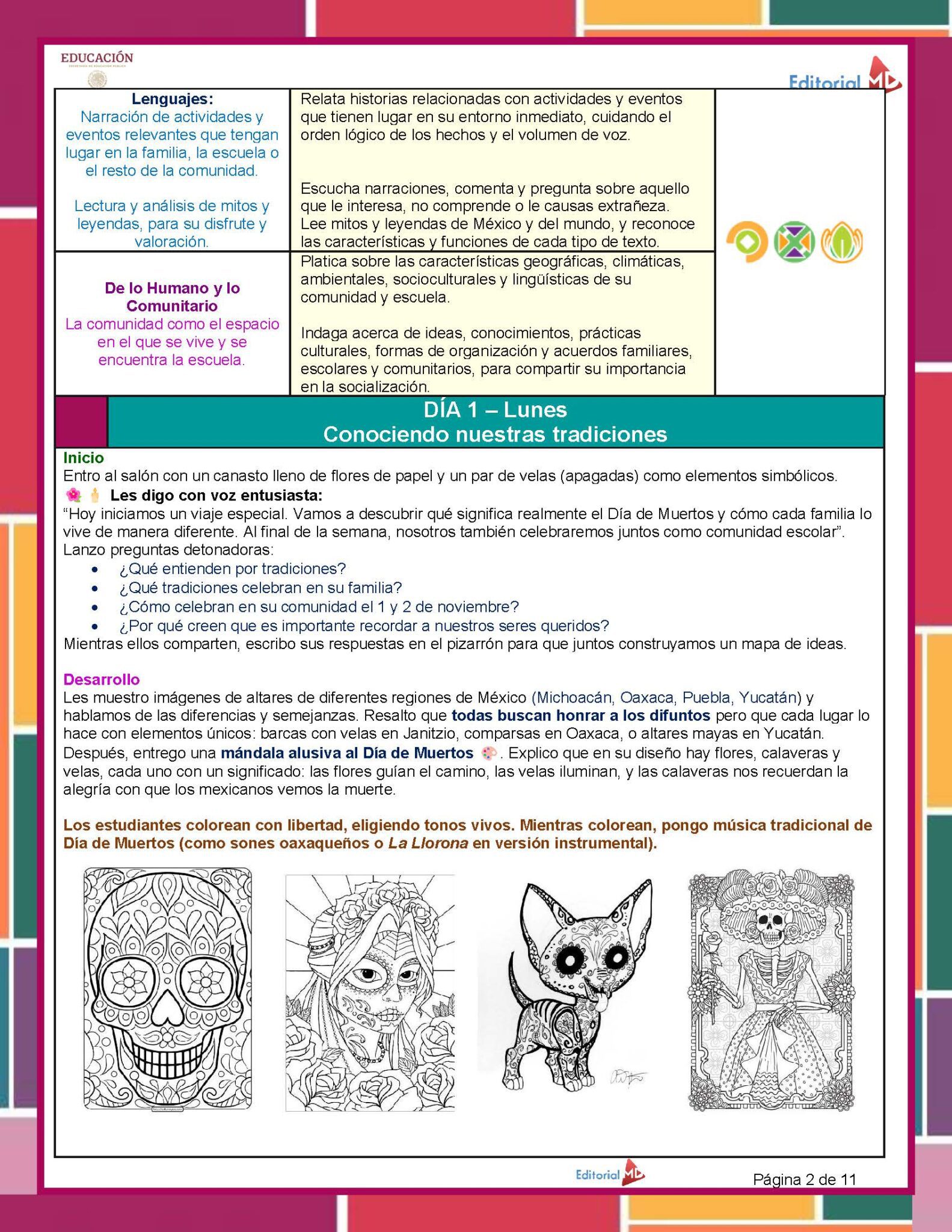 Planeación Proyecto Escolar: “Día de Muertos" 1°, 2° y 3° Grado Primaria NEM 2025 - 2026 3 Una colorida hoja de trabajo educativa en español para estudiantes de primaria, con texto sobre tradiciones, experiencias escolares y leyendas mexicanas, con actividades y dos dibujos de calaveras decoradas para colorear en la parte inferior.