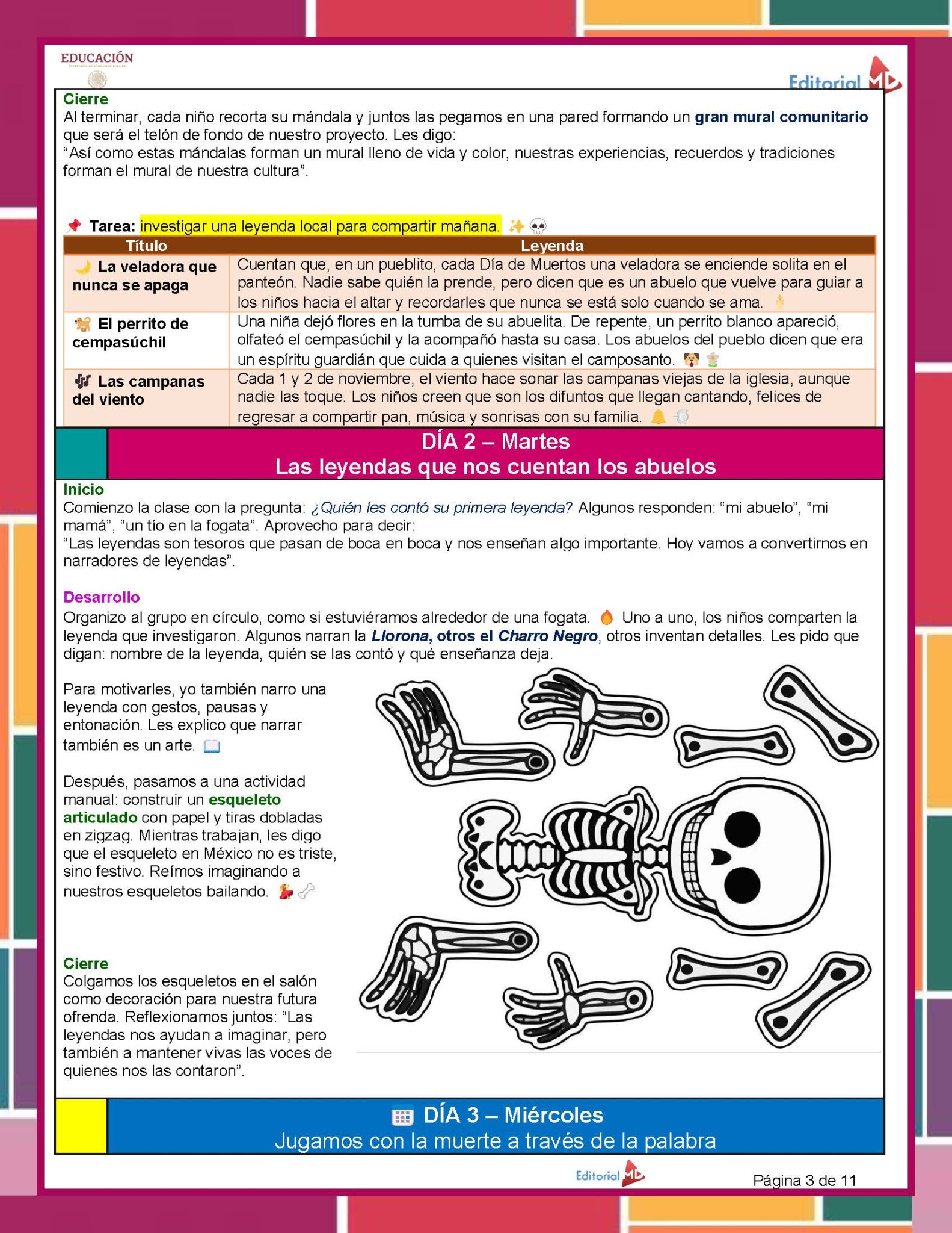 Planeación Proyecto Escolar: “Día de Muertos" 1°, 2° y 3° Grado Primaria NEM 2025 - 2026 4 Una colorida página de revista educativa presenta texto, recuadros con leyendas e instrucciones para una actividad de grupo. Bordes decorativos e iconos vibrantes resaltan temas de comunidad, narración de cuentos y tradiciones.