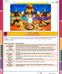 Planeación Proyecto Escolar: “Día de Muertos" 1°, 2° y 3° Grado Primaria NEM 2025 - 2026 11 Una colorida hoja de trabajo educativa en español que explica los elementos de un altar del Día de los Muertos. Incluye una tabla que describe los significados simbólicos de las velas, las flores, el agua, la comida y otros elementos del altar.