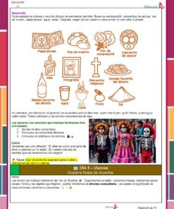 Planeación Proyecto Escolar: “Día de Muertos" 1°, 2° y 3° Grado Primaria NEM 2025 - 2026 12 Hoja de trabajo sobre el Día de Muertos con imágenes de elementos de altar y niños disfrazados de esqueletos con la cara pintada, preparando o celebrando con coloridas decoraciones de fondo.