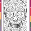 Planeación Proyecto Escolar: “Día de Muertos" 1°, 2° y 3° Grado Primaria NEM 13 Página para colorear en blanco y negro de la calavera de azúcar del Día de los Muertos, con motivos florales y geométricos, en un marco bordeado con cuadrados de colores en el fondo.