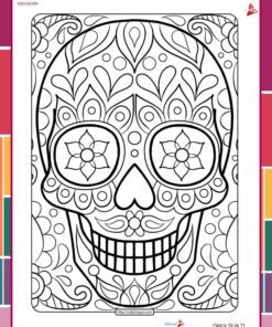 Planeación Proyecto Escolar: “Día de Muertos" 1°, 2° y 3° Grado Primaria NEM 2025 - 2026 13 Página para colorear en blanco y negro de la calavera de azúcar del Día de los Muertos, con motivos florales y geométricos, en un marco bordeado con cuadrados de colores en el fondo.