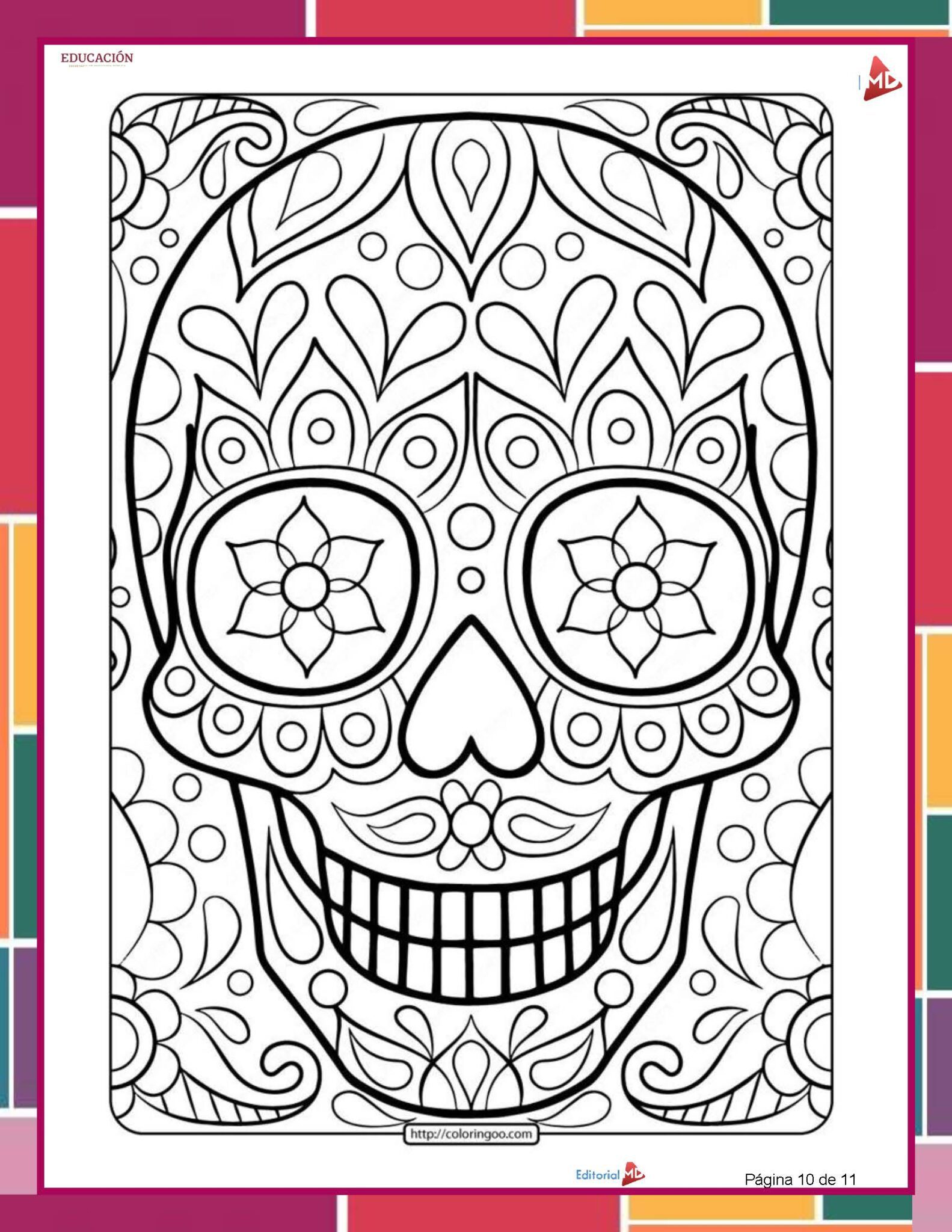 Planeación Proyecto Escolar: “Día de Muertos" 1°, 2° y 3° Grado Primaria NEM 2025 - 2026 7 Página para colorear en blanco y negro de la calavera de azúcar del Día de los Muertos, con motivos florales y geométricos, en un marco bordeado con cuadrados de colores en el fondo.