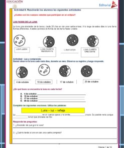 Una hoja de trabajo educativa en español llamada Proyecto Escolar Eclipses “El Día que amaneció dos veces” (3° y 4° Grado Primaria) que explica las fases de la luna, con imágenes de luna llena, tercer cuarto de luna, luna nueva y primer cuarto de luna. A continuación, se proporciona una tabla para que los estudiantes registren las fases lunares en intervalos de fechas específicos.