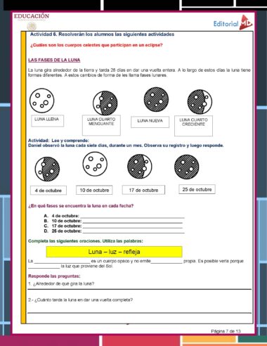 Una hoja de trabajo educativa en español llamada Proyecto Escolar Eclipses “El Día que amaneció dos veces” (3° y 4° Grado Primaria) que explica las fases de la luna, con imágenes de luna llena, tercer cuarto de luna, luna nueva y primer cuarto de luna. A continuación, se proporciona una tabla para que los estudiantes registren las fases lunares en intervalos de fechas específicos.