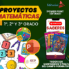 Colorida imagen promocional para proyectos editables de matemáticas (grados 1-3) en PowerPoint, con útiles escolares, un teléfono inteligente con un botón "Descargar Saberes" y logotipos de Editorial MD y SEP.