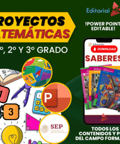 Colorida imagen promocional para proyectos editables de matemáticas (grados 1-3) en PowerPoint, con útiles escolares, un teléfono inteligente con un botón "Descargar Saberes" y logotipos de Editorial MD y SEP.