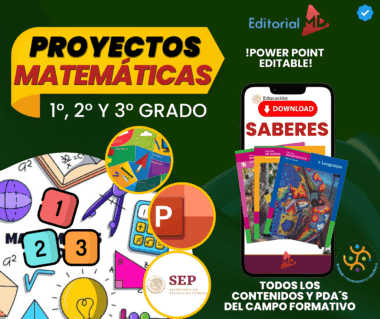 Colorida imagen promocional para proyectos editables de matemáticas (grados 1-3) en PowerPoint, con útiles escolares, un teléfono inteligente con un botón "Descargar Saberes" y logotipos de Editorial MD y SEP.