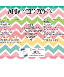 Imagen de un fondo de chevrones colorido que muestra un anuncio de texto para una Agenda Escolar 2020-2021 Colores, detallando características como datos de docentes, eventos murales, estadísticas, calendario mensual, gestión de pagos y control de exámenes. Incluye firma en la parte inferior.