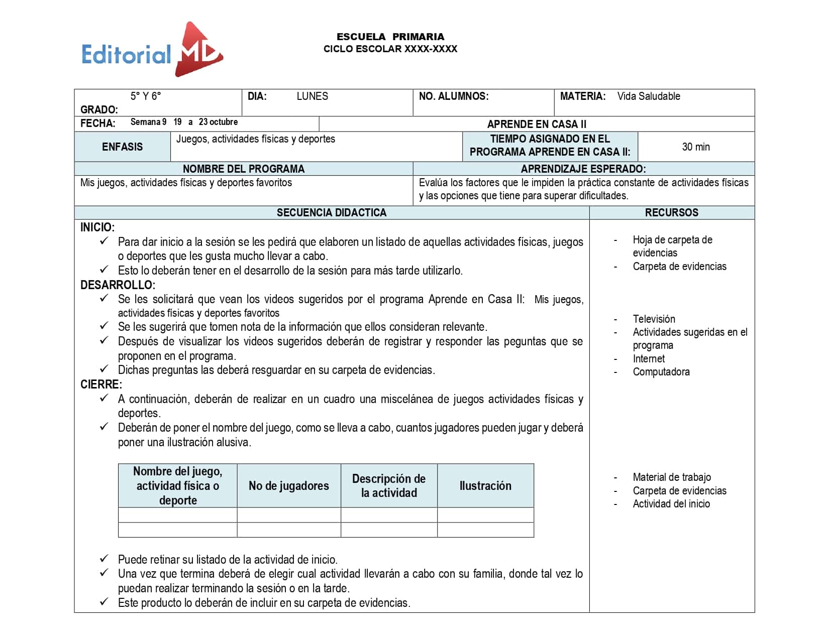 Semana 9 - ejemplo Planeación de primaria 19 al 23 de octubre 2020 (Aprende en casa 2)