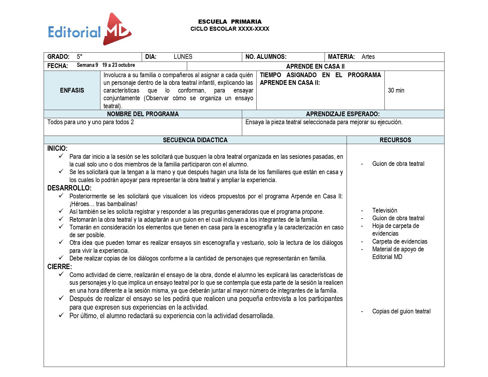 Planeacion de los aprendizajes esperados de la semana 9 