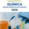 Una mano enguantada sostiene una pipeta sobre tubos de ensayo llenos de líquidos de colores. Arriba, el texto reza: "Química, Tercer grado de secundaria, NEM. Programa analítico y plano didáctico. Nueva Escuela Mexicana".