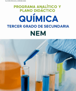 Una mano enguantada sostiene una pipeta sobre tubos de ensayo llenos de líquidos de colores. Arriba, el texto reza: "Química, Tercer grado de secundaria, NEM. Programa analítico y plano didáctico. Nueva Escuela Mexicana".