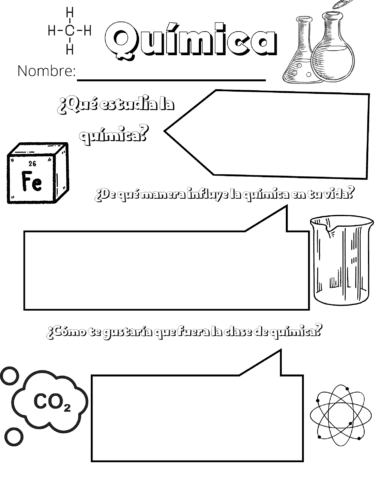 Una hoja de trabajo de química en español con el título "Química" en la parte superior. Incluye secciones para el nombre del estudiante y preguntas como "¿Qué estudia la química?" y "¿Cómo te gustaría que fuera la clase de química?". Ilustrado con imágenes de temática química.
