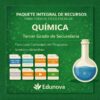 Cartel educativo verde para el paquete de química de tercer curso de secundaria de Edunova, que muestra carpetas de recursos etiquetadas con temas y un gran matraz de química a la derecha. El texto destaca los amplios recursos escolares.