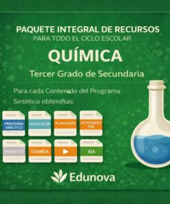 Cartel educativo verde para el paquete de química de tercer curso de secundaria de Edunova, que muestra carpetas de recursos etiquetadas con temas y un gran matraz de química a la derecha. El texto destaca los amplios recursos escolares.