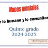 Texto sobre fondo de cenefa decorativa: "Mapas mentales, De lo humano y lo comunitario, Quinto grado 2024-2025". En la parte inferior se muestra una dirección de correo electrónico: "edhes2013@gmail.com".
