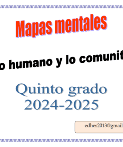 Texto sobre fondo de cenefa decorativa: "Mapas mentales, De lo humano y lo comunitario, Quinto grado 2024-2025". En la parte inferior se muestra una dirección de correo electrónico: "edhes2013@gmail.com".
