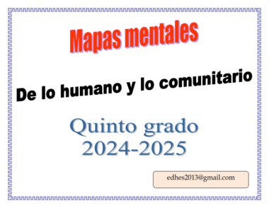 Texto sobre fondo de cenefa decorativa: "Mapas mentales, De lo humano y lo comunitario, Quinto grado 2024-2025". En la parte inferior se muestra una dirección de correo electrónico: "edhes2013@gmail.com".