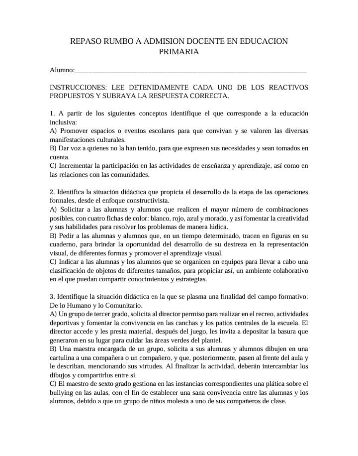 EXAMEN DE REPASO RUMBO A ADMISION DOCENTE EN EDUCACION PRIMARIA 1 EXAMEN DE REPASO RUMBO A ADMISION DOCENTE EN EDUCACION PRIMARIA