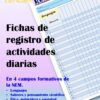 Una colorida tabla en español para registrar las actividades diarias, titulada "Registro: actividades diarias". Enumera cuatro áreas formativas: idiomas, conocimientos científicos, naturaleza y sociedad, y ámbitos humanos/comunitarios.