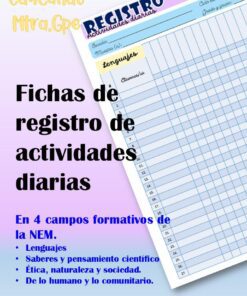 Una colorida tabla en español para registrar las actividades diarias, titulada "Registro: actividades diarias". Enumera cuatro áreas formativas: idiomas, conocimientos científicos, naturaleza y sociedad, y ámbitos humanos/comunitarios.