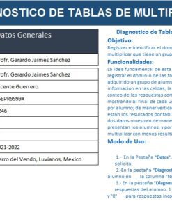Una imagen que muestra una tabla de diagnóstico para tablas de multiplicar. Incluye secciones para información de maestro, director, escuela, código escolar, zona, grado, grupo, año escolar y dirección. Una sección a la derecha explica el objetivo y las funcionalidades del Registro de Tablas de multiplicar.
