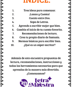 Índice coloreado con títulos de 10 actividades sobre escritura y lectura, seguido de una breve invitación a leer propuestas, recomendaciones e instrucciones de aprendizaje. Logo de Letra Maestra en la parte inferior.