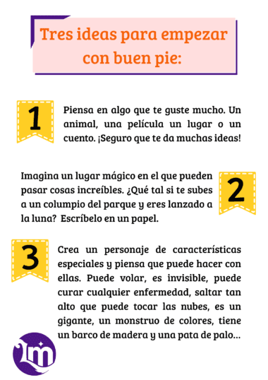 Una infografía en español titulada "Tres ideas para empezar con buen pie" con tres sugerencias de escritura creativa, cada una numerada y en un recuadro amarillo, sobre un fondo blanco con detalles decorativos en morado y naranja.