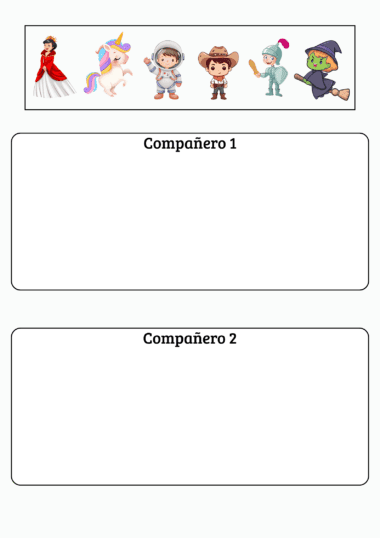 Seis personajes de dibujos animados, entre ellos una princesa, un unicornio, un astronauta, un vaquero, un elfo y una bruja, aparecen encima de dos cajas etiquetadas como "Compañero 1" y "Compañero 2", con espacios vacíos debajo de cada etiqueta.