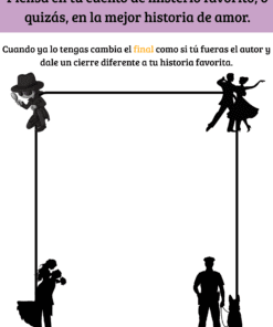 Marco cuadrado con siluetas de parejas, un detective con una lupa y un policía con un perro. El texto en español te invita a cambiar el final por el de tu historia de misterio o amor favorita.