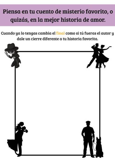 Marco cuadrado con siluetas de parejas, un detective con una lupa y un policía con un perro. El texto en español te invita a cambiar el final por el de tu historia de misterio o amor favorita.
