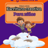 Portada del libro titulado "Letra Maestra: Escritura creativa para niños" con dos niños felices saltando sobre un libro abierto en una nube, sobre un fondo naranja y morado. Autora: Lorena Martín Morán.