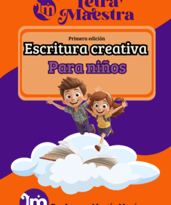 Portada del libro titulado "Letra Maestra: Escritura creativa para niños" con dos niños felices saltando sobre un libro abierto en una nube, sobre un fondo naranja y morado. Autora: Lorena Martín Morán.