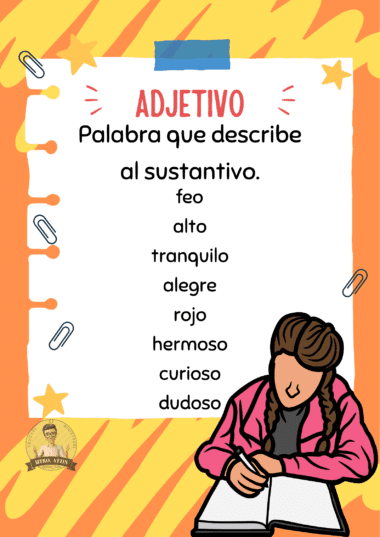 Colorido póster educativo en español con el título "Adjetivo", que enumera adjetivos como feo, alto, tranquilo, alegre, rojo, hermoso, curioso y dudoso. Una niña con trenzas escribe en un cuaderno en la parte inferior derecha.