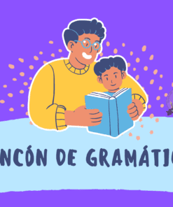Ilustración de un adulto y un niño leyendo juntos un libro. El fondo es morado con puntos amarillos, y el texto debajo dice "Rincón de Gramática". A la derecha hay un pequeño logotipo circular con la foto de una persona.