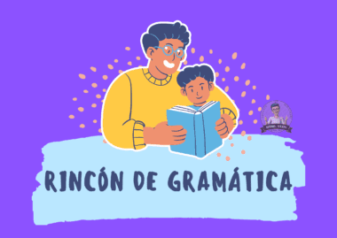 Ilustración de un adulto y un niño leyendo juntos un libro. El fondo es morado con puntos amarillos, y el texto debajo dice "Rincón de Gramática". A la derecha hay un pequeño logotipo circular con la foto de una persona.