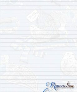 Diario o Notas Ravenclaw de color azul claro con un patrón de búhos, libros, bufandas y jaulas en sutiles contornos blancos. La esquina inferior derecha tiene la palabra 