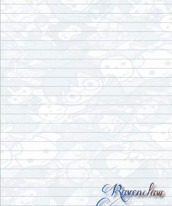 Bloc de notas forrado con un estampado ligero y divertido de caras de dibujos animados de fondo. La palabra 