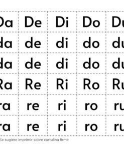 Un cuadro educativo de Recortables de Letras y Sílabas en español con las sílabas Da, De, Di, Do, Du, Ra, Re, Ri, Ro, Ru impresas en mayúsculas y minúsculas dentro de cuadros segmentados, con un ícono de tijera que sugiere cortar.