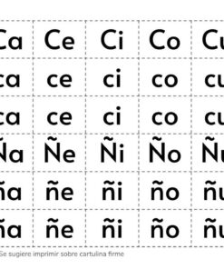 Hoja educativa con Recortables de Letras y Sílabas en español en mayúsculas y minúsculas, dispuestas en formato cuadriculado, sugiriendo impresión en cartulina firme, con símbolos a modo de tijeras que indican las líneas de corte.
