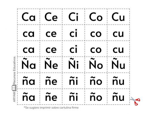 Hoja educativa con Recortables de Letras y Sílabas en español en mayúsculas y minúsculas, dispuestas en formato cuadriculado, sugiriendo impresión en cartulina firme, con símbolos a modo de tijeras que indican las líneas de corte.