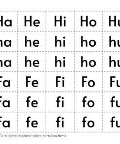 Una hoja de trabajo educativa Recortables de Letras y Sílabas que presenta cuadrículas con sílabas en español. Dos grupos: 